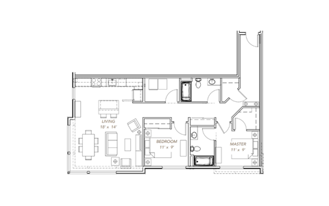 bedroom floor plan of a modern home with a pool and patio